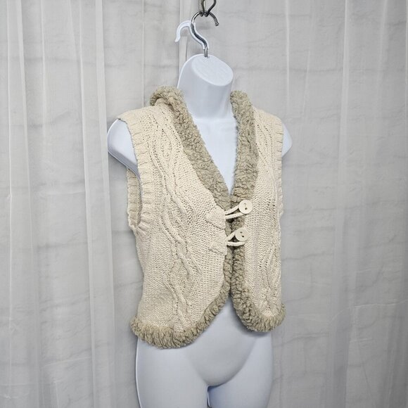 Old Navy Vest Knit Cream Hooded Faux Fur Twee Boho L - Picture 4 of 10